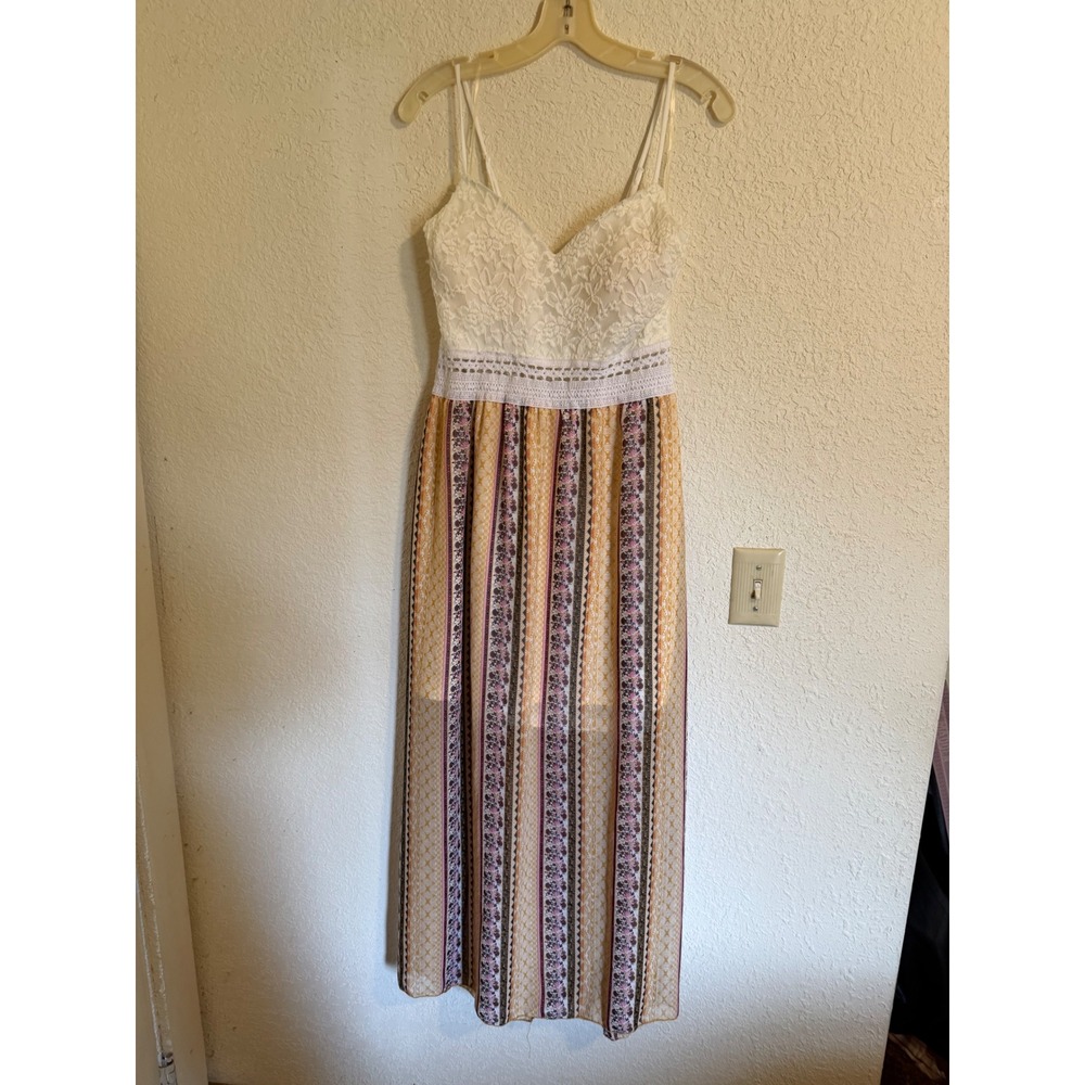 J for Justify Lace Bodice Floral Striped Maxi‎ Dress XL Boho Granola Western